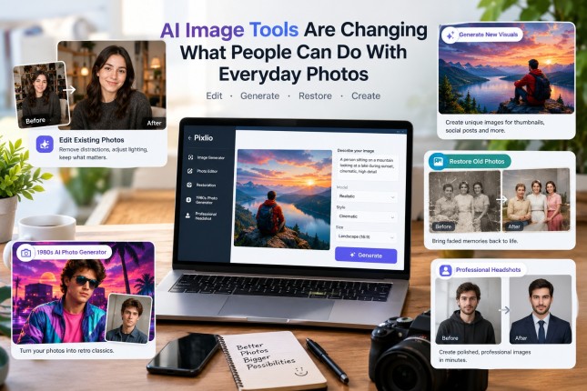 AI image tools transforming everyday photos through image editing, AI image generation, old photo restoration, 1980s-style photo effects, and professional headshots using Pixlio AI.